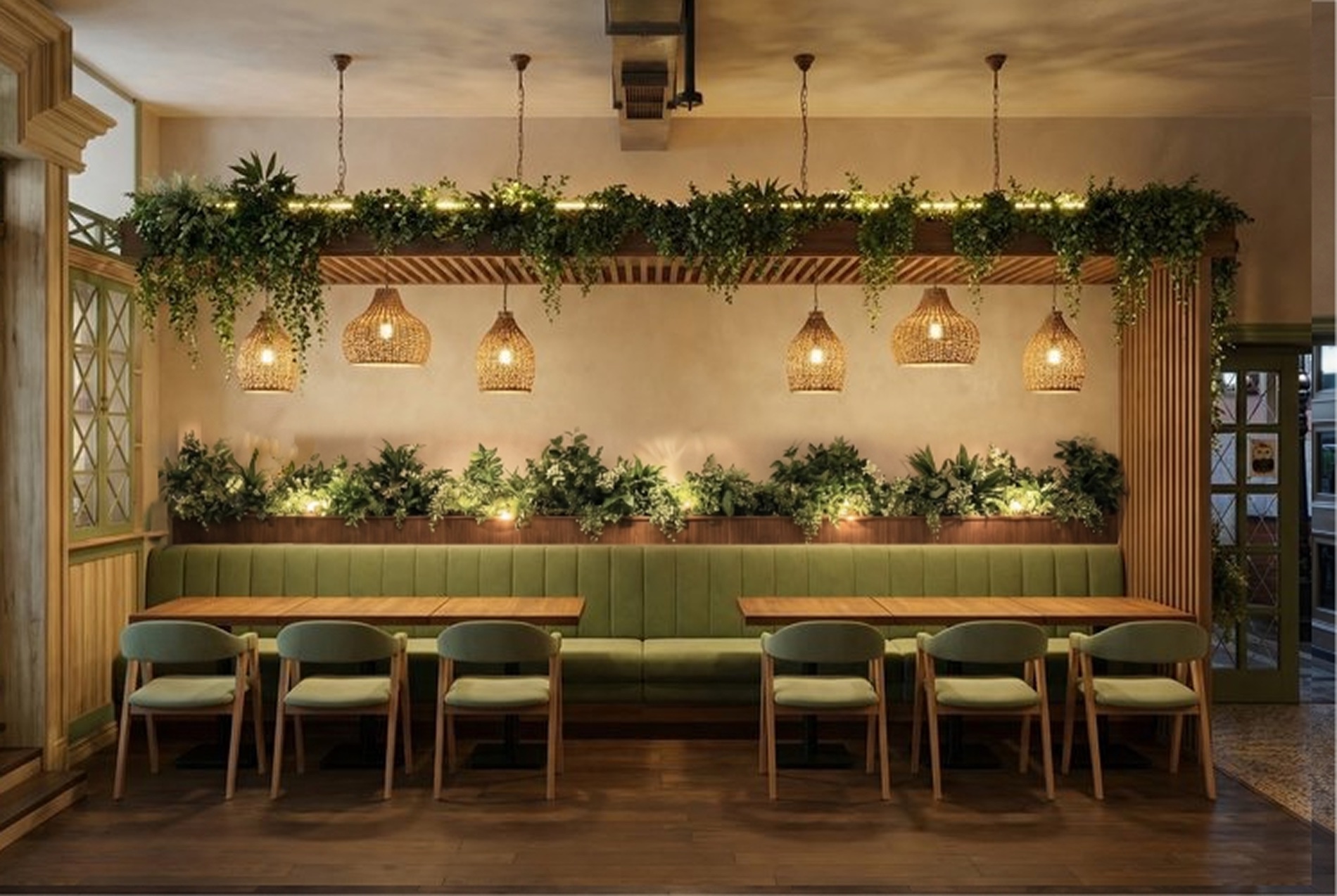 Ботанический ресторан — 04 green banquette wall
