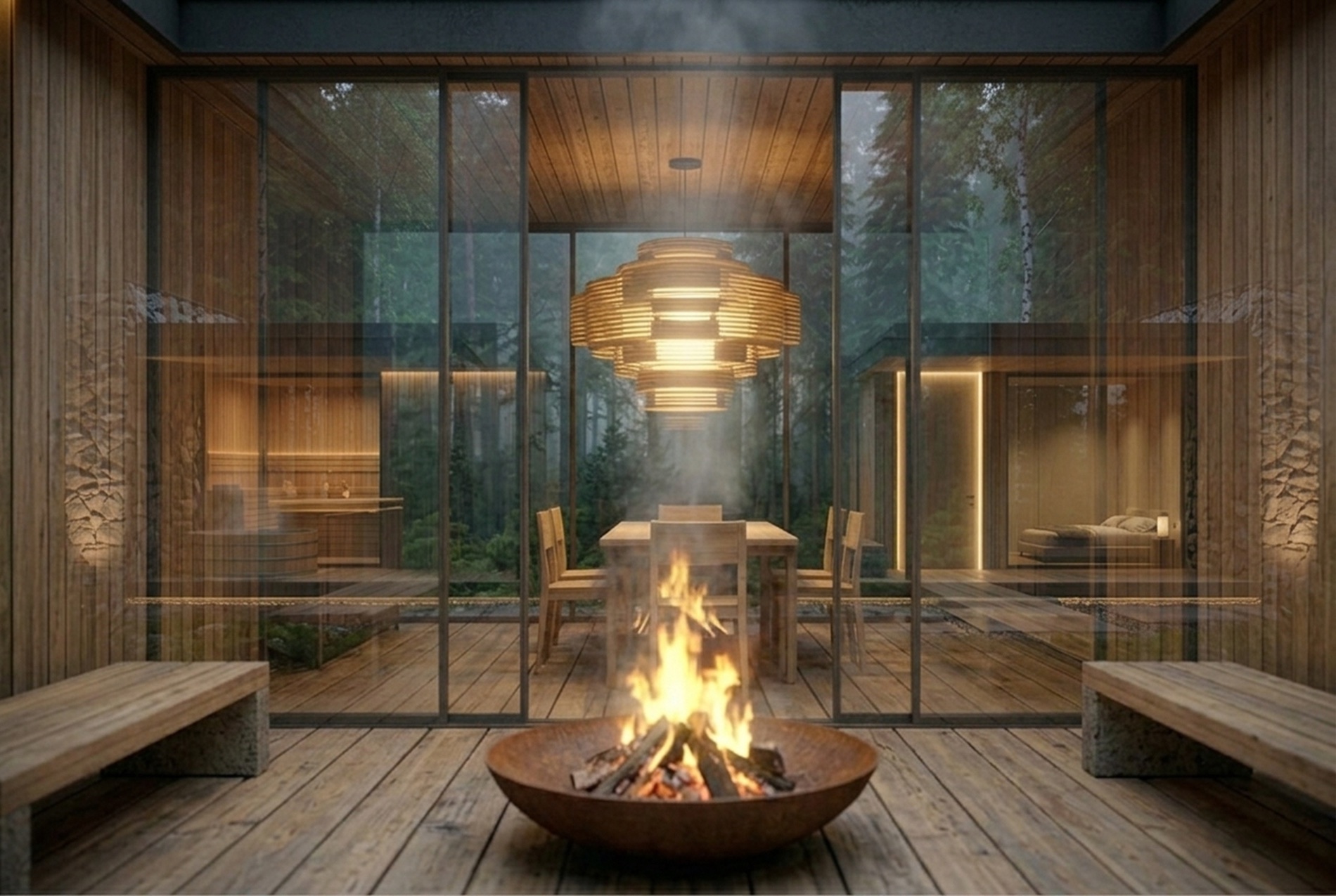 Банный дом с внутренним двором — 01 cover courtyard fireplace