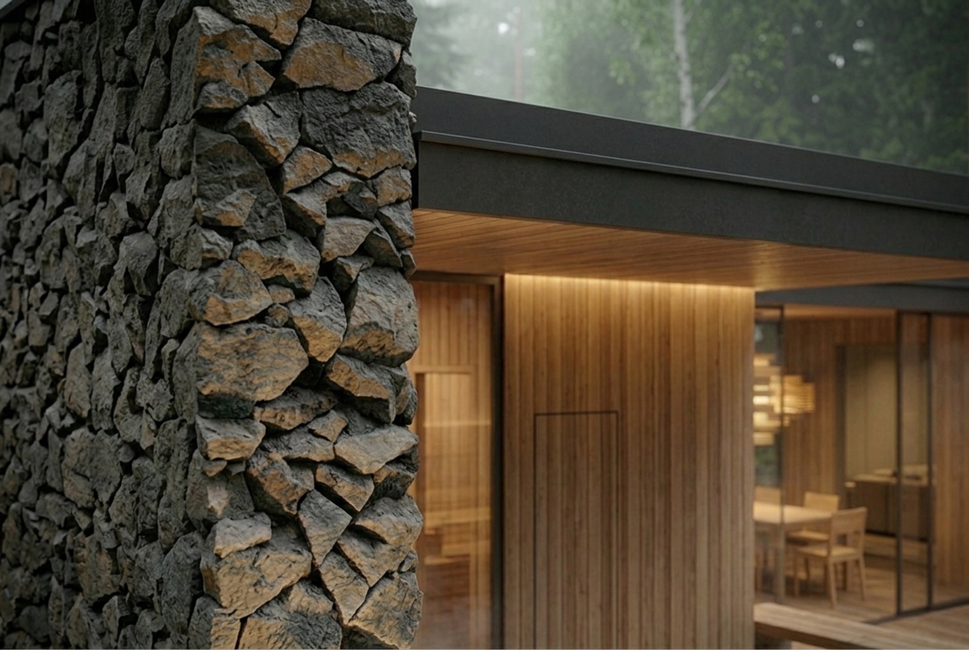 Банный дом с внутренним двором — 05 timber stone detail